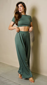 Nereza Wide Leg Pants Set - Green